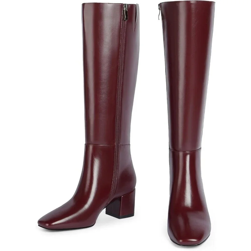 Women's Burgundy Knee High Boots Square Toe Tall Chunky Heel Rubber